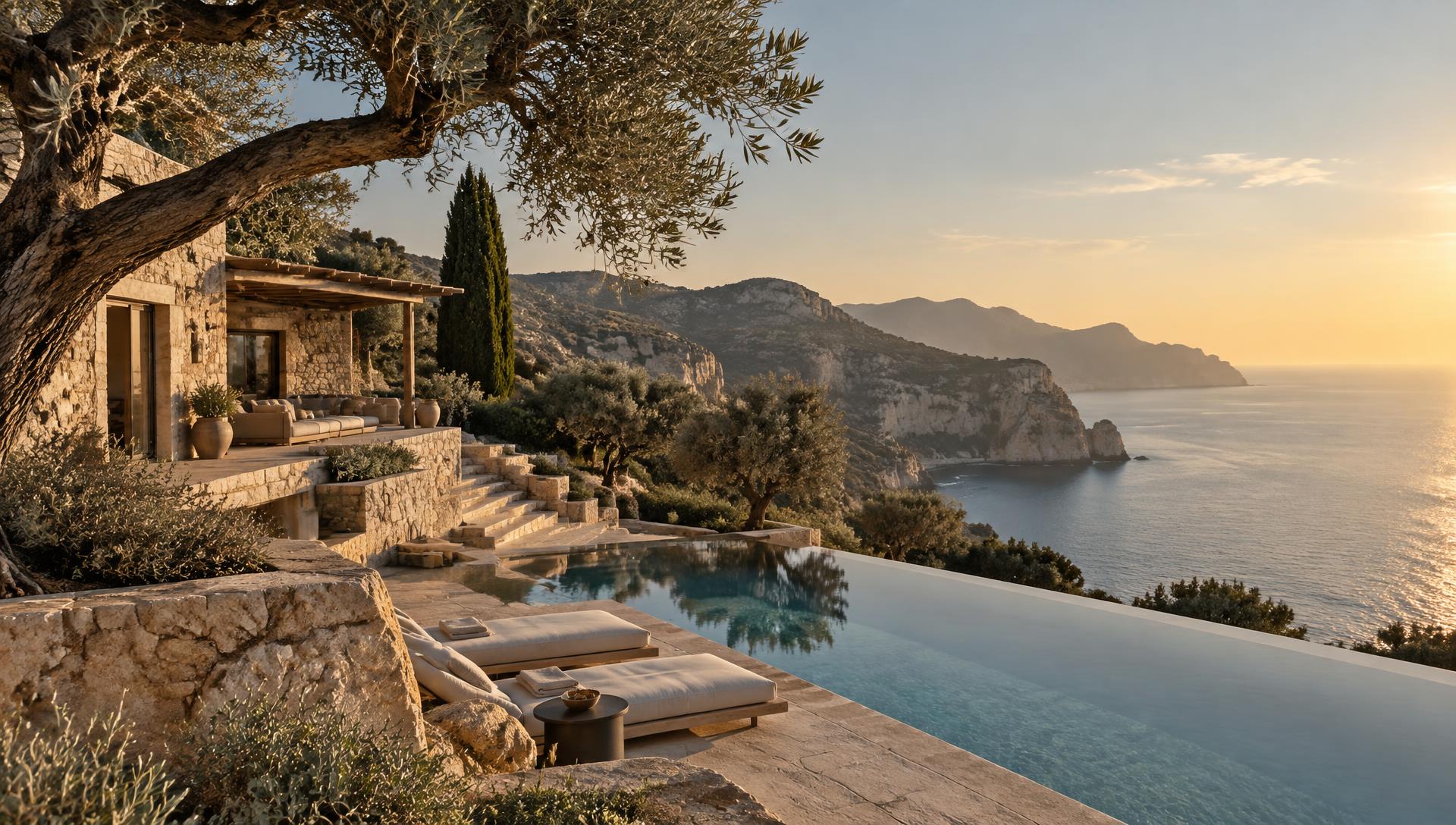 A stone villa and infinity pool overlooking the Mediterranean at sunset